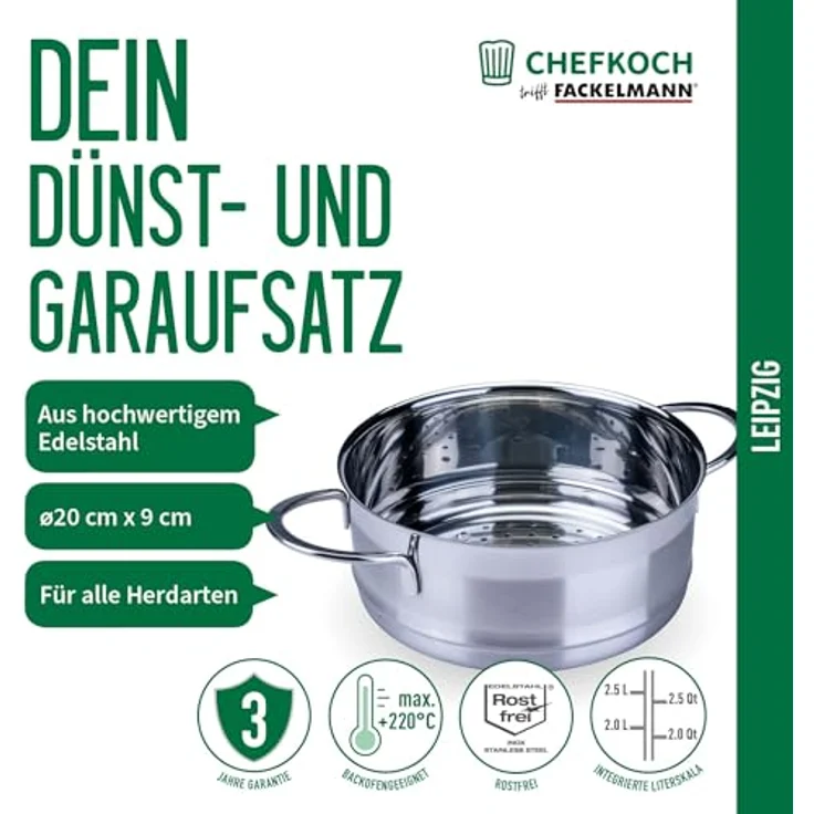 Chefkoch trifft Fackelmann Dampfgaraufsatz, Ø 20 cm, Edelstahl, Induktion- und backofengeeignet, spülmaschinenfest, temperaturbeständig bis 220 °C – Bild 2