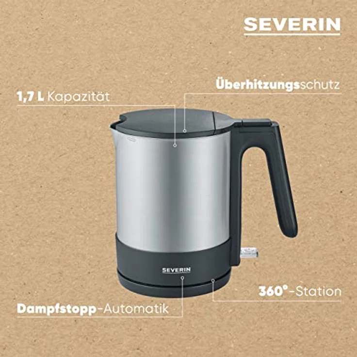 SEVERIN WK 3409 Wasserkocher, 2200, Kunststoff, 1.7 liters, Edelstahl-gebürstet-schwarz – Bild 4