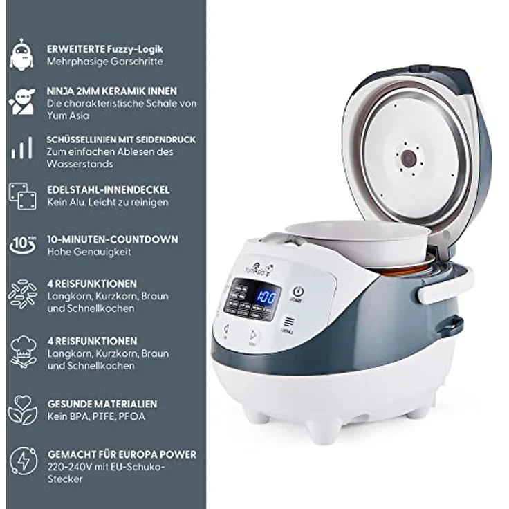 Yum Asia Panda Mini-Reiskocher mit Ninja-Keramikschüssel und Advanced Fuzzy Logic (3,5 Tassen, 0,63 Liter) 4 Reisfunktionen, 4 Multicooker-Funktion, 220–240V – Bild 3