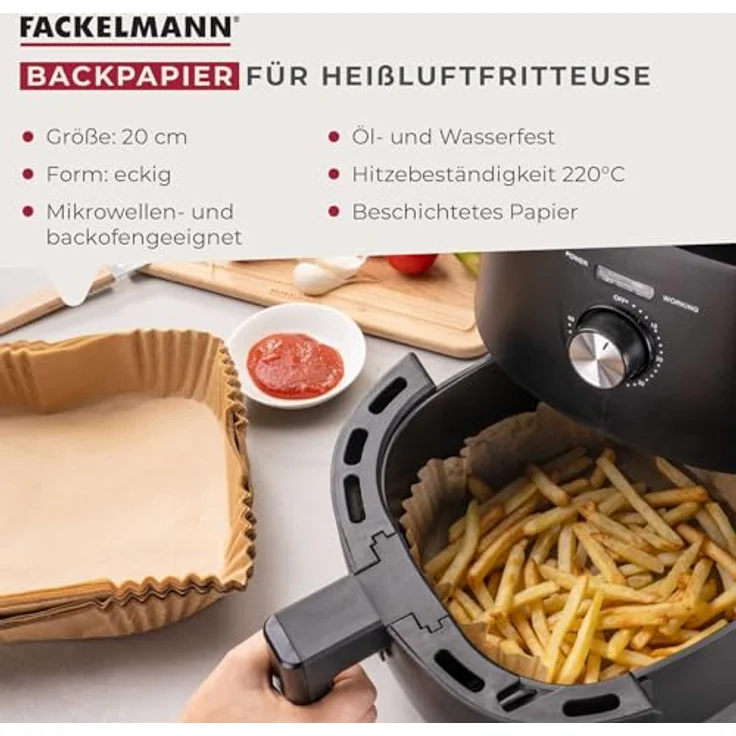 Fackelmann Backpapier für Heißluftfritteuse, 20 x 20 cm, 40-teilig, öl- und wasserfest, hitzebeständig bis 220°C, mikrowellen- und backofengeeignet – Bild 4
