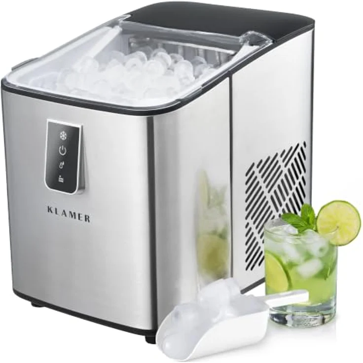 KLAMER Edelstahl Eiswürfelmaschine, 12 kg/24h, 8 Würfel in 8 Min, 1L Wassertank, geräuscharmer Kompressor, Touch Display – Bild 1