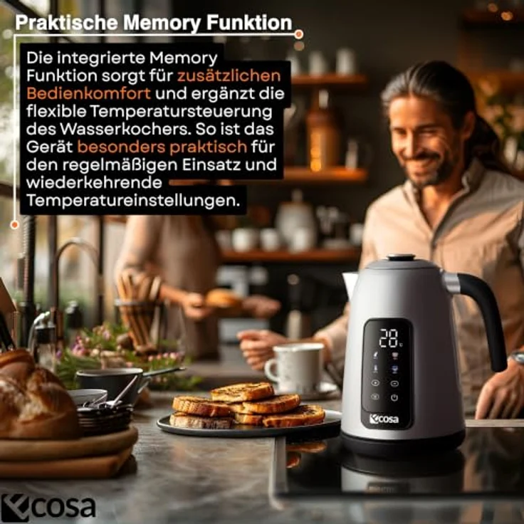 Ecosa Edelstahl Wasserkocher 1,7L mit Touch Display, 2200W, 13 Temperaturstufen 40–100 °C, Warmhaltefunktion und 360° Basis – Bild 6