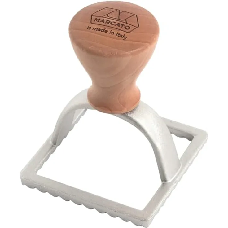 MARCATO Ravioli und Keksausstecher, quadratischer Ravioli Maker aus solidem Holz und gegossenem Aluminium, 58 mm Stampel, Made in Italy