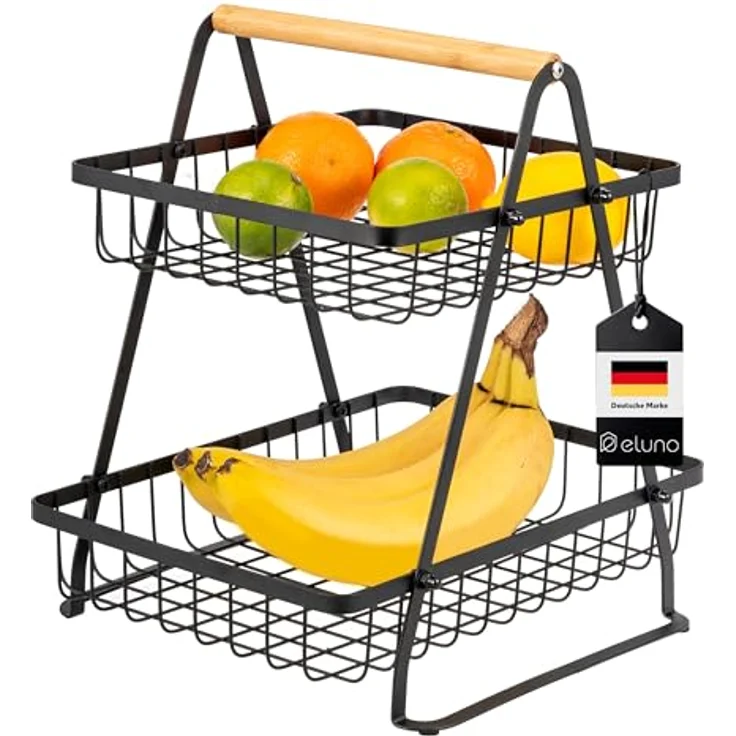 eluno Obstschale 2-stöckige Etagere, Bambus und schwarz, platzsparend und luftdurchlässig – Bild 1