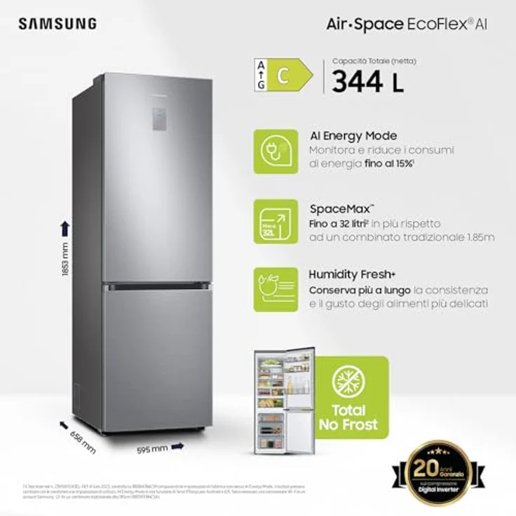 Samsung RB34C775CS9/EF Kühl- und Gefrierkombination Freistehend, 344 l Innenraum, Edelstahl, All-Around-Kühlsystem, Energieeffizienzklasse C – Bild 2