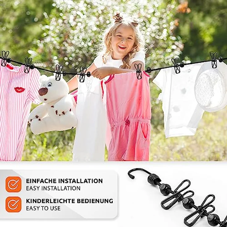 ECENCE 2X Wäscheleine Camping mit 12 Klammern Schwarz, ausziehbar und tragbar – Bild 4