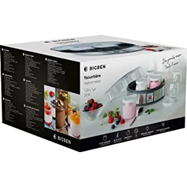 BigBen Joghurtbereiter Joghurt-Maker YM1G, präzise Temperatur- und Zeitsteuerung, 7 Portionen à 180 ml, digitale Anzeige, energiesparend