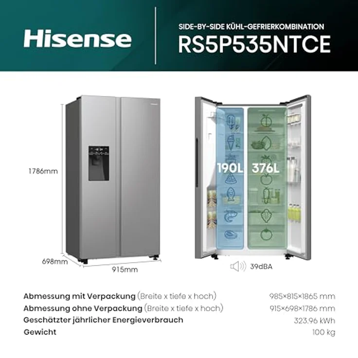 Hisense RS5P535NTCE Side-By-Side Kühl-Gefrier-Kombination, 376 l Kühlteil, 190 l Gefrierteil, Wasser-/Eisspender, Total NoFrost, Multi AirFlow, FastFreeze, silber – Bild 2
