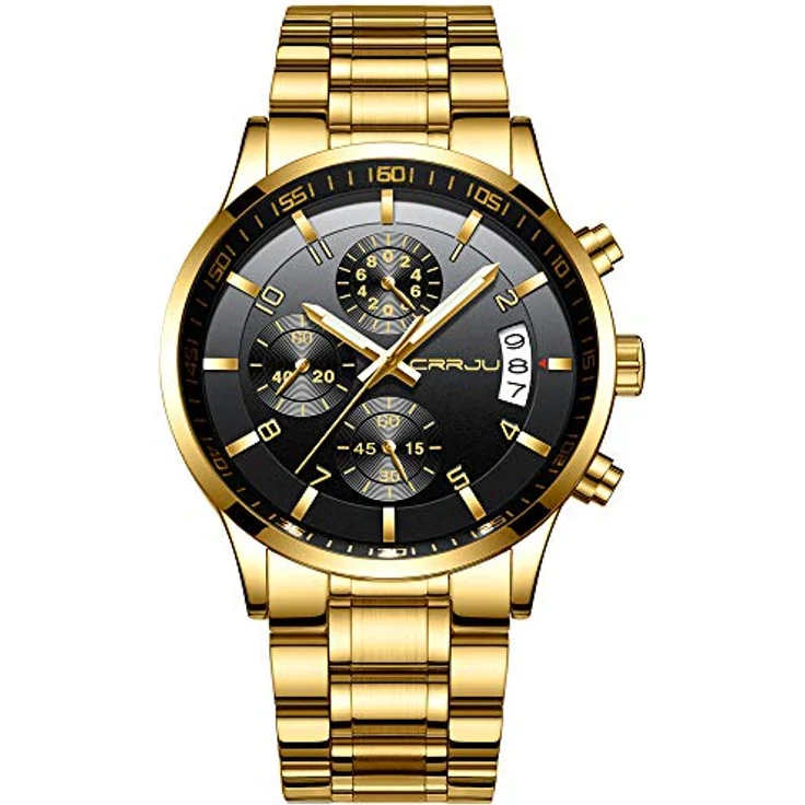 CRRJU Herren Chronographen Armbanduhr, wasserdichtes Edelstahlarmband mit Kalender, Gold Schwarz – Bild 1