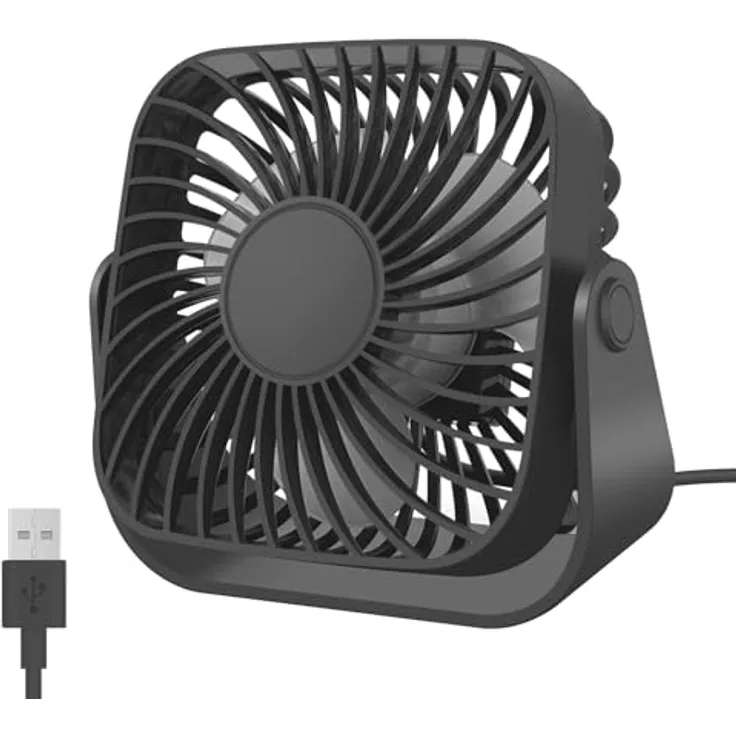 Jsdoin USB-Ventilator, 360° drehbarer Schreibtisch-Lüfter mit 3 Geschwindigkeiten, leise, tiefschwarz