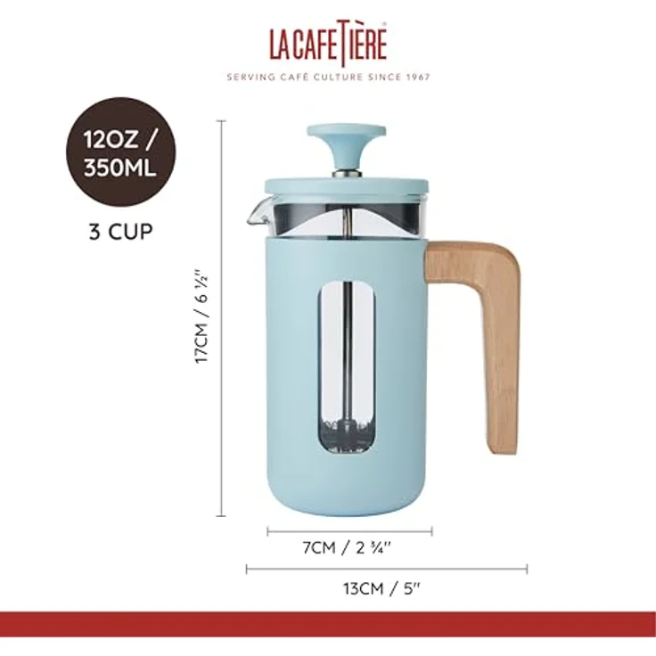 La Cafetière Pisa Kaffeebereiter für 3 Tassen, himmelblau, langlebiger Edelstahlrahmen, hitzebeständige französische Presse mit Naturholzgriff, 350 ml – Bild 2
