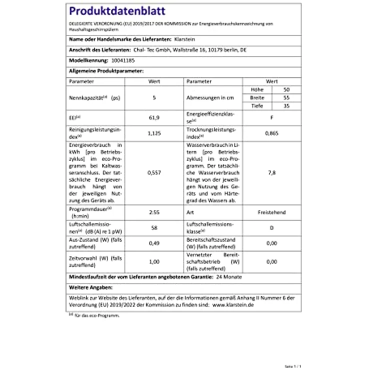 Klarstein Emerald 5 Slim Geschirrspüler freistehend, 7 Programme, Touch-Control, ca. 8 Liter Wasserverbrauch pro Spülgang – Bild 7