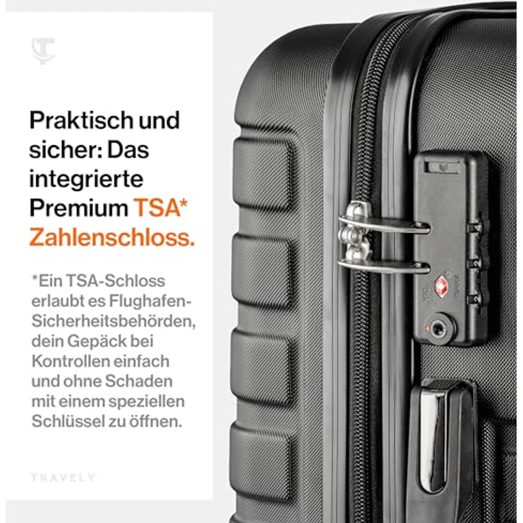 Travely Premium Handgepäck Koffer 55x40x20cm - 4 Rollen, Hartschalenkonstruktion, TSA-Zahlenschloss, 36-Liter Volumen – Bild 6