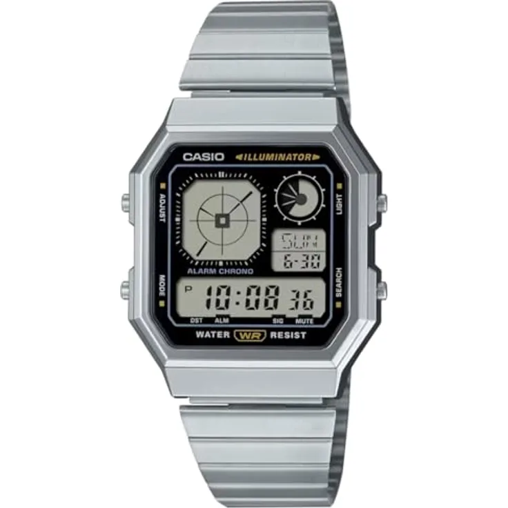 Casio Armbanduhr Digital Edgy Collection, Edelstahlarmband, silberfarben, mit Stoppuhr, Alarm, Beleuchtung und Kalender, A130WE-1AEF
