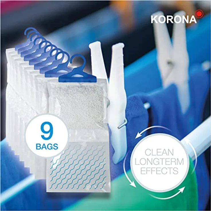 KORONA Luftreiniger Garderoben-Entfeuchter, Set aus 9 Entfeuchterbeuteln mit Aufhängevorrichtung, Ideal für Kleiderschrank Regale und Wohnwagen, Weiß-Blau – Bild 5
