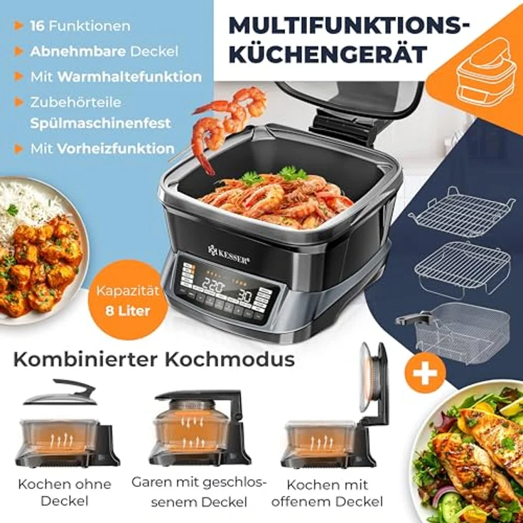 KESSER® Multikocher 8L mit Heißluftfritteuse, 16 Programme, Smart Cook System, integrierte Sonde, Vorheiz- & Warmhaltefunktion – Bild 3
