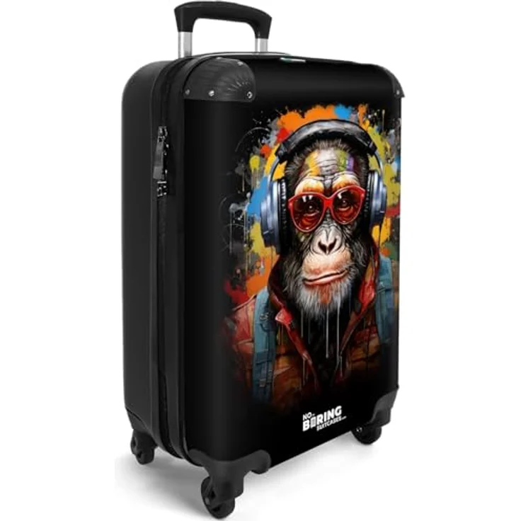 NoBoringSuitcases.com© Hartschalen-Trolley Schimpanse mit Kopfhörern und Graffiti-Spray 55x35x20cm, 4 Rollen, Handgepäck Flugzeug, bunter Druck – Bild 2