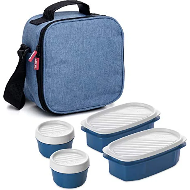 Tatay Kühltasche Klein, 3L Kapazität, 4 Kunststoff Frischaltendosen (2 x 0,5 l, 2 x 0,2 l) BPA frei, Blau Denim. Messen 22,5 x 10 x 22 cm