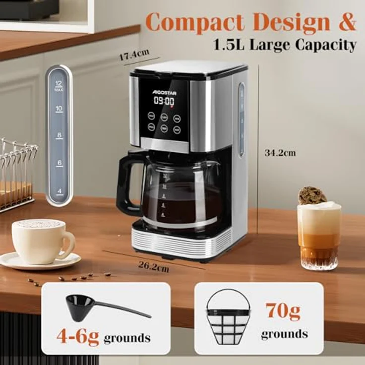 Aigostar Kaffeemaschine mit Mahlwerk und 60g elektrischer Kaffeemühle, programmierbar 24h, 1,5L, 1000W, Tropf-Stopp, AutoClean, Warmhaltefunktion – Bild 8