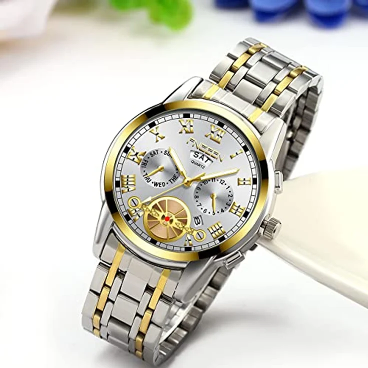 JewelryWe Herrenuhr Edelstahl Quarz Analog, 30M wasserdicht mit römischen Ziffern, Kalender und leuchtenden Zeigern, Gold/Silber – Bild 2