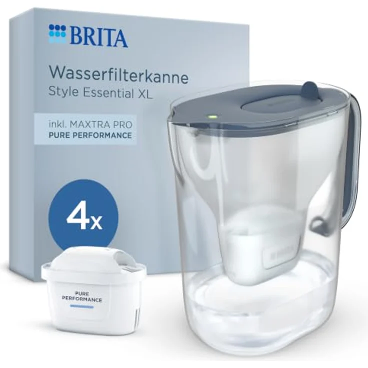 BRITA MAXTRA Style Essential XL Wasserfilter Kanne, steinblau, inkl. 4x Pure Performance Filter – Bild 1