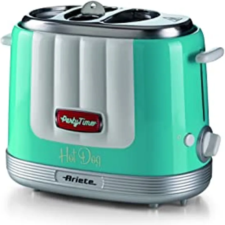 Ariete 206 Hot Dog Maker Party Time, Hot Dog Maker, 650 W, 5 Garstufen, 4 Garräume, automatischer Auswurf, hellblau