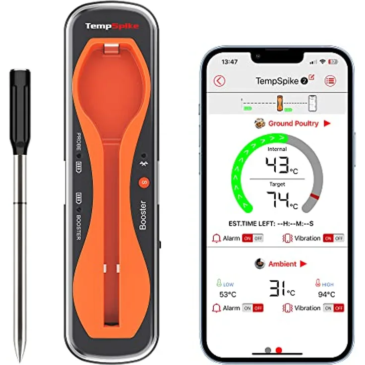 ThermoPro TempSpike Fleischthermometer Kabellos 150m Bluetooth Grillthermometer IP67 Meat Thermometer Bratenthermometer für Backofen Grill Smoker Rotisserie Airfryer Sicher im Geschirrspüler, Schwarz