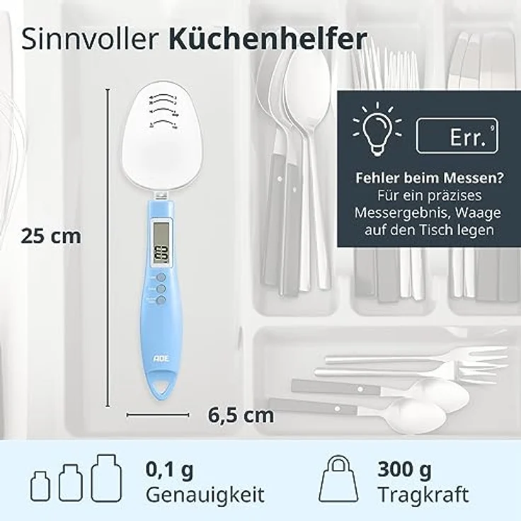 ADE Eni Löffelwaage, Digitale Löffelwaage mit abnehmbaren Löffelaufsatz, 0,1 g Einteilung, für Gewürze, Kaffee, Tee, Tierfutter bis 300 g, blau/grün: Tests, Infos & Preisvergleich