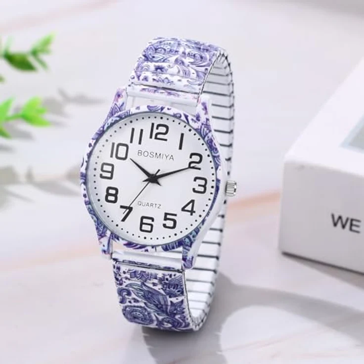 JewelryWe Damenuhr Boho, Vintage Blau-Weißes Porzellan Druck, Analog Quarz Armbanduhr mit elastischem Edelstahl Stretch Armband und großen römischen Ziffern – Bild 5