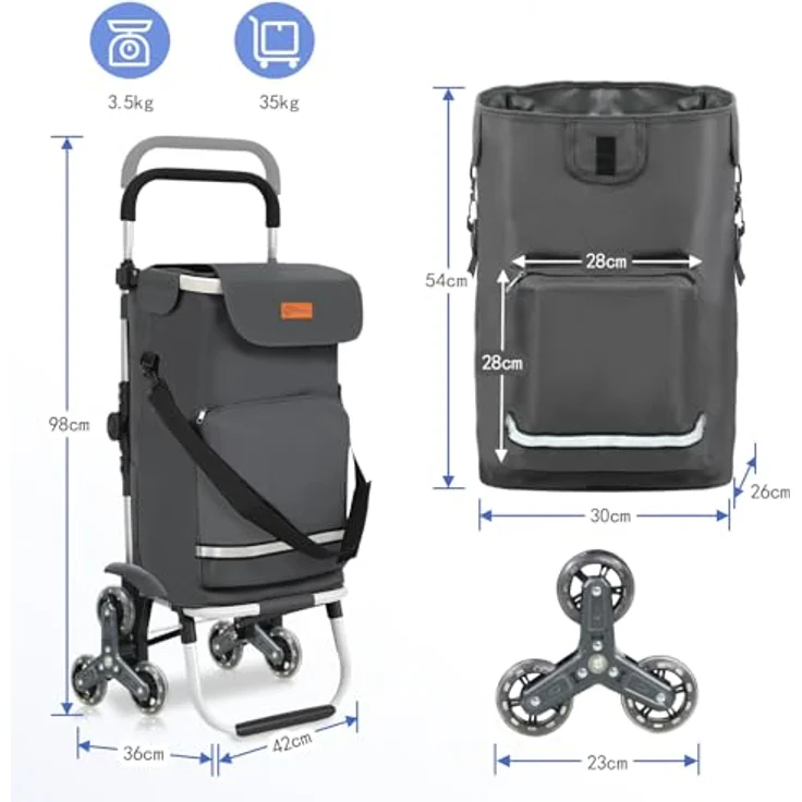 Sekey XXL Einkaufstrolley Treppensteiger mit 3 Rädern, Aluminium 3-in-1 Trolley, höhenverstellbarer Griff, inklusive Kühlfach und Getränkefach, grau – Bild 3
