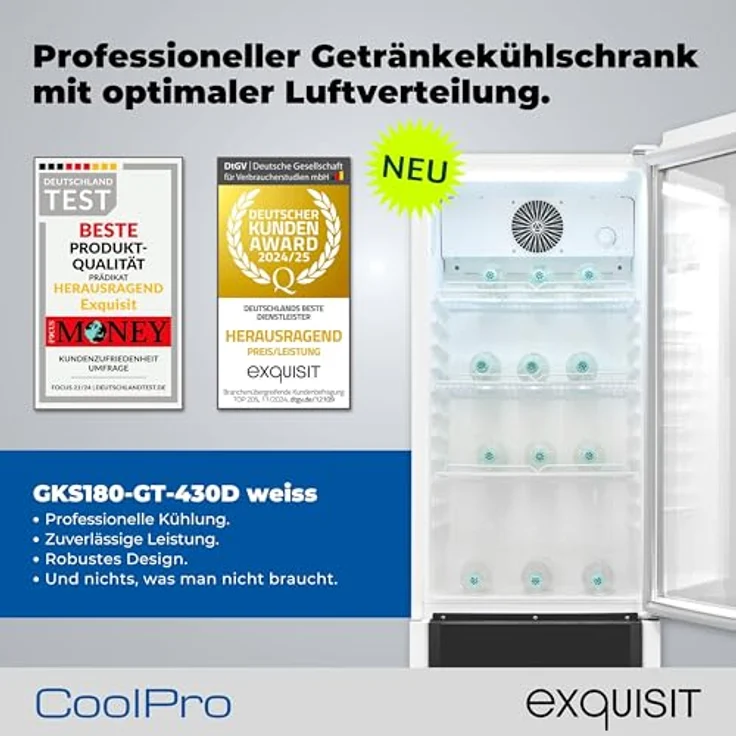 exquisit Getränkekühlschrank GKS180-GT-430D, 200l Glastürkühlschrank mit LED-Beleuchtung, Umluftventilator, 3 Ablagen, automatisches Abtauverfahren, schwarz – Bild 2