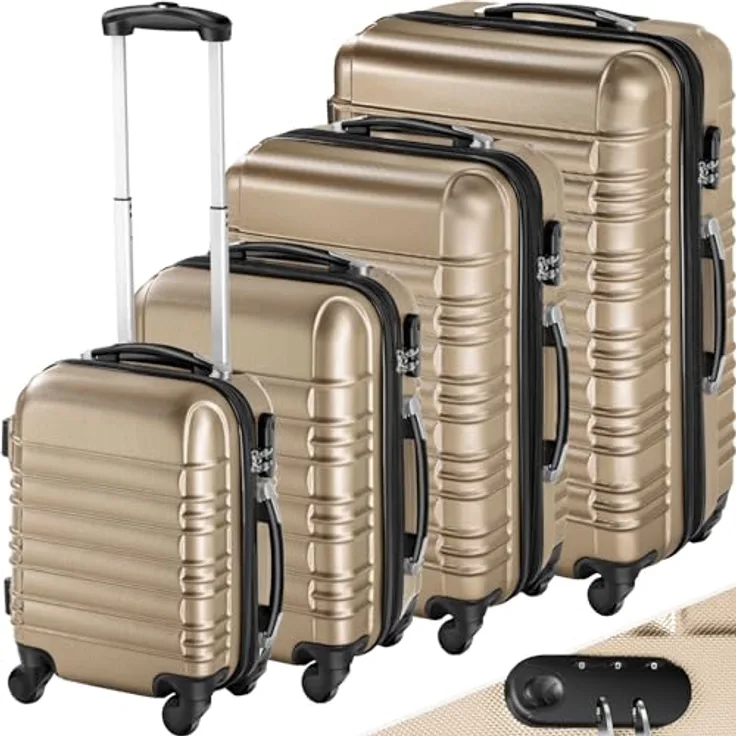 tectake 4 tlg Reisekoffer Set, Hartschalenkoffer Set, Trolley Kofferset, ABS Hartschalen Reisekofferset, Reisetasche, Trolley, Gepäck, Koffer Set, 4 Rollen, 360 Grad drehbar, Teleskopgriff - champagne