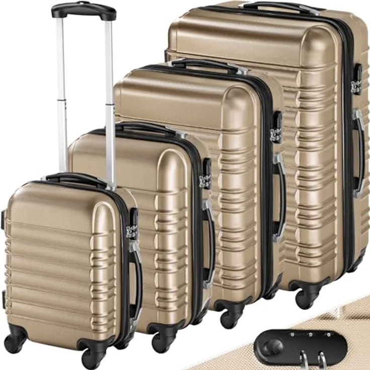 tectake 4 tlg Reisekoffer Set, Hartschalenkoffer Set, Trolley Kofferset, ABS Hartschalen Reisekofferset, Reisetasche, Trolley, Gepäck, Koffer Set, 4 Rollen, 360 Grad drehbar, Teleskopgriff - champagne – Bild 1