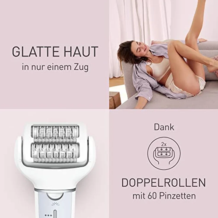 Panasonic ES-EY90-A503 Nass/Trockenepilierer, Dual Disc mit 60 Pinzetten, 90° schwenkbarer Kopf, 3 Geschwindigkeiten & LED-Licht, 30 Min. Betrieb, kabellos, Haarentferner, Scher- und Fußpflegekopf. – Bild 2