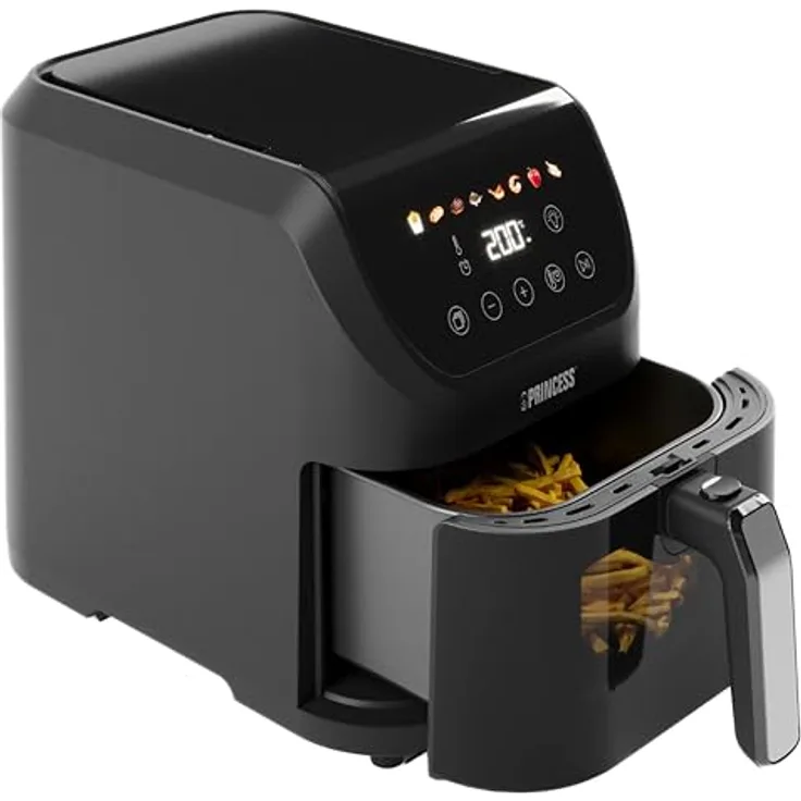Princess Slim Airfryer 5L - Heißluftfritteuse mit 1500 W, Ölfrei, 8 Kochprogramme, Platzsparendes Design - Antihaftbeschichtung - Schwarz 182240