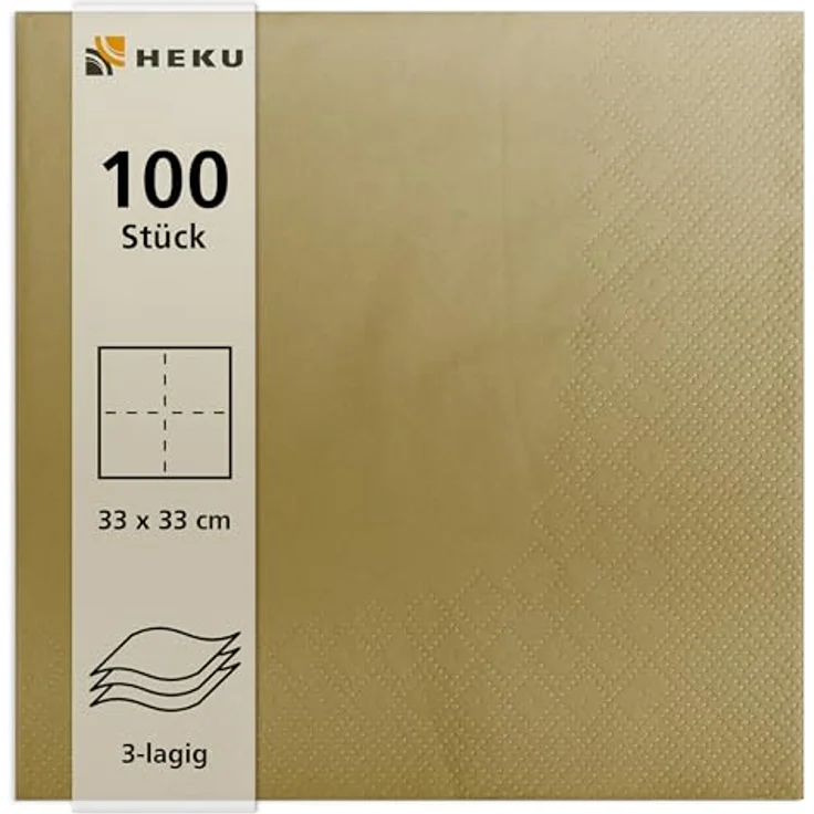 HEKU 100 einfarbige Servietten, 3-lagig, 33x33cm, hoch saugfähig, gold, 5er-Packung für Veranstaltungen & Gastronomie – Bild 2