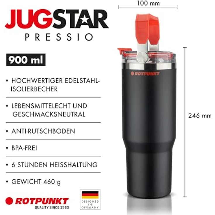 ROTPUNKT Thermobecher Edelstahl 500 ml, Isolierbecher mit Strohhalm & Click & Go Trinköffnung, auslaufsicher, BPA-frei, klappbarer Tragegriff, schwarz – Bild 3