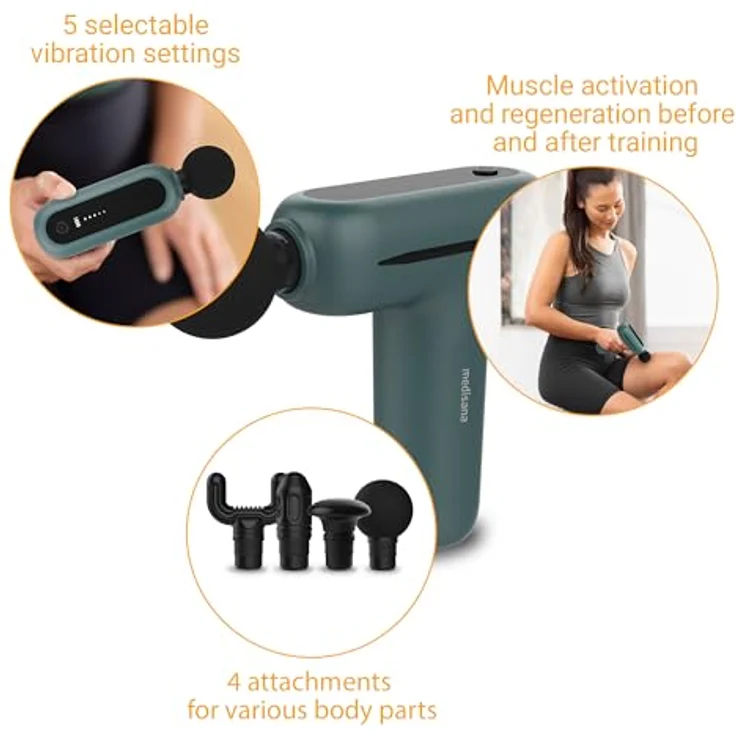 Medisana MG 200 Mini Massage Gun, Massagepistole mit Smart-Modus und 5 Intensitätsstufen zur Entspannung, lange Akkulaufzeit, mit 4 Aufsätzen – Bild 4