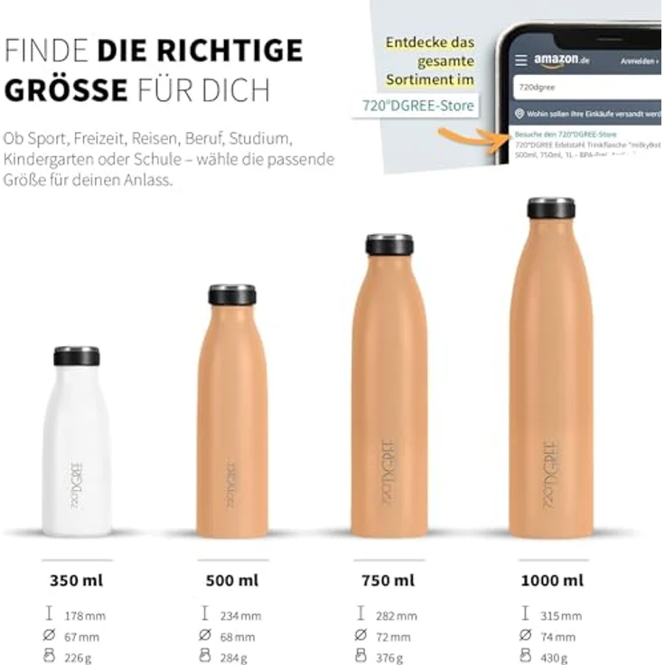 720°DGREE Trinkflasche Doppelwandig Edelstahl 500ml Isolierflasche milkyBottle light peach matt – Bild 3