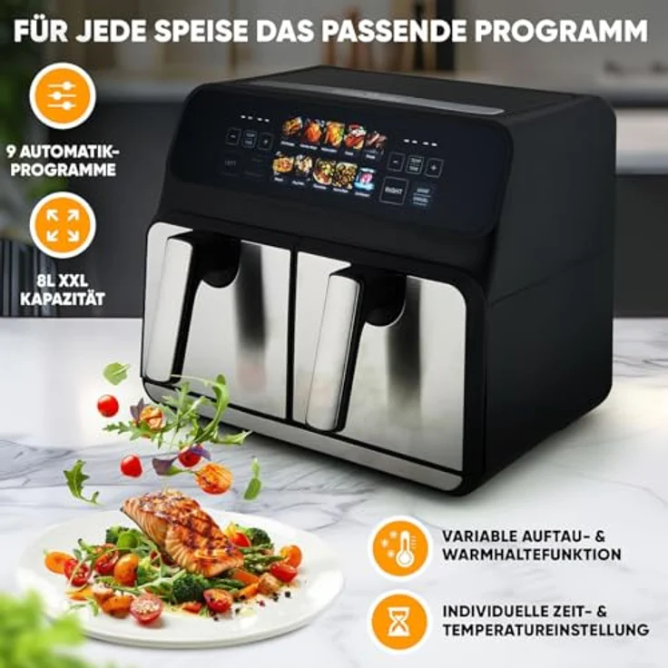 ProfiCook® Heißluftfritteuse 2 Kammern | 8L Heißluftfritteuse Doppelkammer | kein Öl oder Fett | Air Fryer m. Color-Display | Doppel Heißluftfritteuse 2200 Watt | Heißluftfritteuse XXL | PC-FR 1287 H – Bild 5