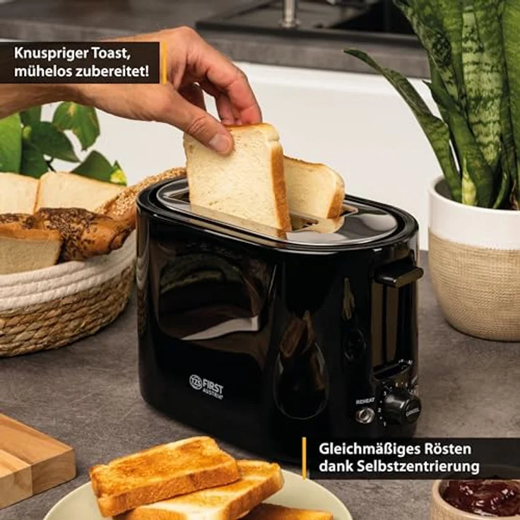 TZS First Austria Doppel Kurzschlitz Toaster, 2 Scheiben, schwarz, 750W, 7 Stufen, Warmhalte- und Auftaufunktion, inkl. Krümelschale – Bild 3