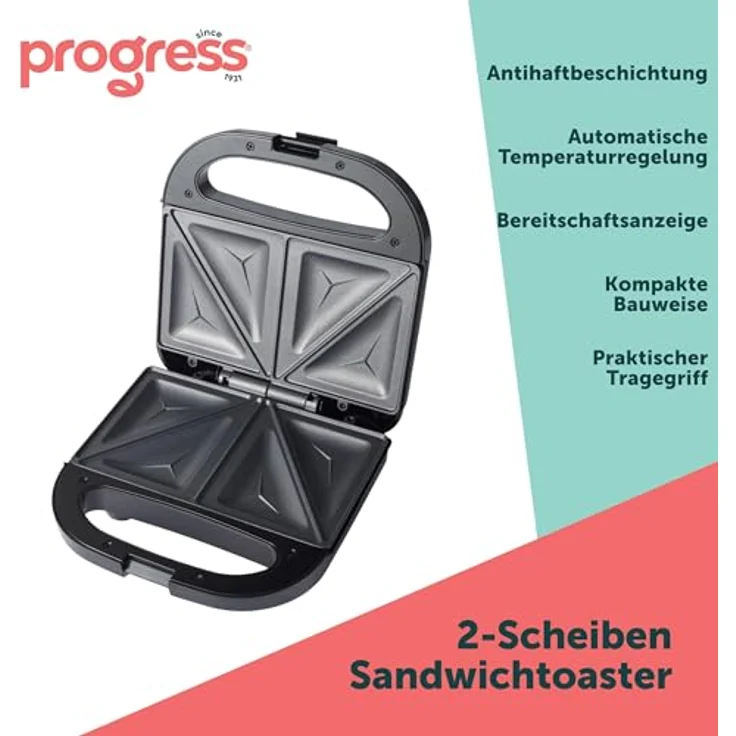Progress EK5851P 2-Scheiben Sandwichtoaster – Elektrischer Doppel Snack Maker mit Antihaftbeschichtung, Automatischer Temperatursteuerung und 750W Leistung – Bild 2