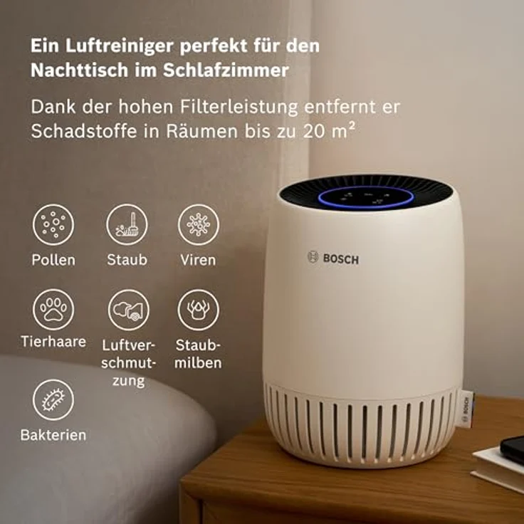 Bosch Air 1000, Luftreiniger für Räume bis 23 m² mit 3-in-1 Luftfilter, Automatikmodus, Ruhemodus (< 25 dB(A)), CADR: 100 m³/h, USB-C-Lademöglichkeit – Bild 2