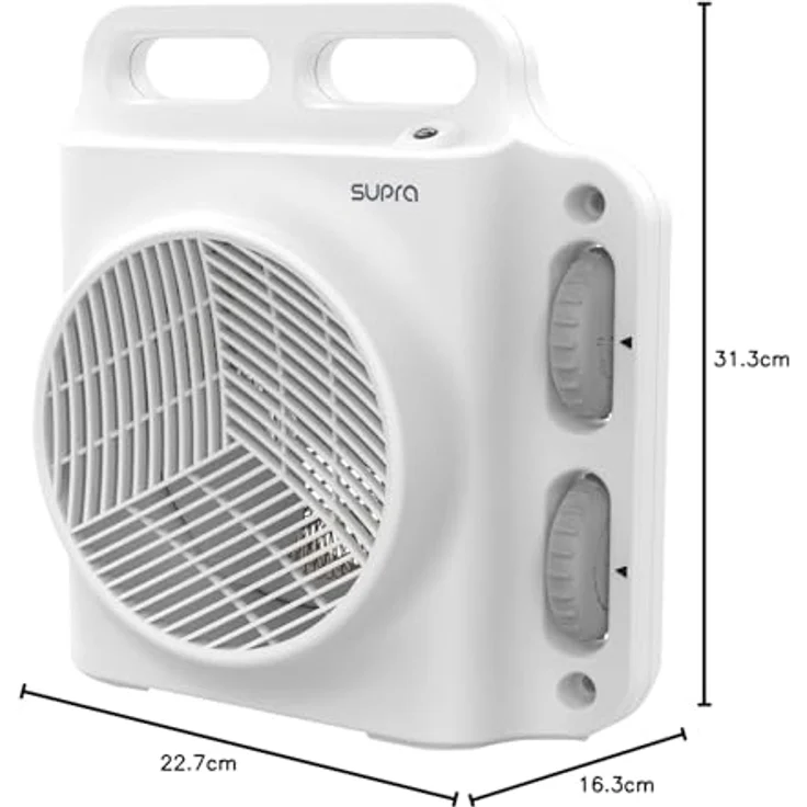 Supra SOUFFLEO 2 - Heizgerät, 2000W, 2 Intensitäten, mechanischer Thermostat, Überhitzungsschutz, Kippschutz, bis zu 20m², schlankes Design, Tragegriff, silber – Bild 4