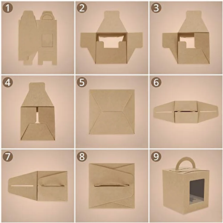 BELLE VOUS Gebäckdose aus Kraftpapier, braun, mit Fenster und Griff (50 Stück) – 9,39 x 9,39 x 10,66 cm – transparente und Einweg-Kuchenbox – Kekse, Cupcakes, Desserts und Torten – Bild 5