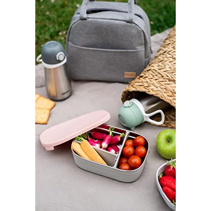 BÉABA, Lunchbox Kind, Brotdose Kinder mit Fächern, Auslaufsicher & BPA Frei, Edelstahldose, Bento Box Kinder, Silikonhülle, extrem robust, ideal für Kindergarten und Schule, 760mL, grau/Puderrosa – Bild 5