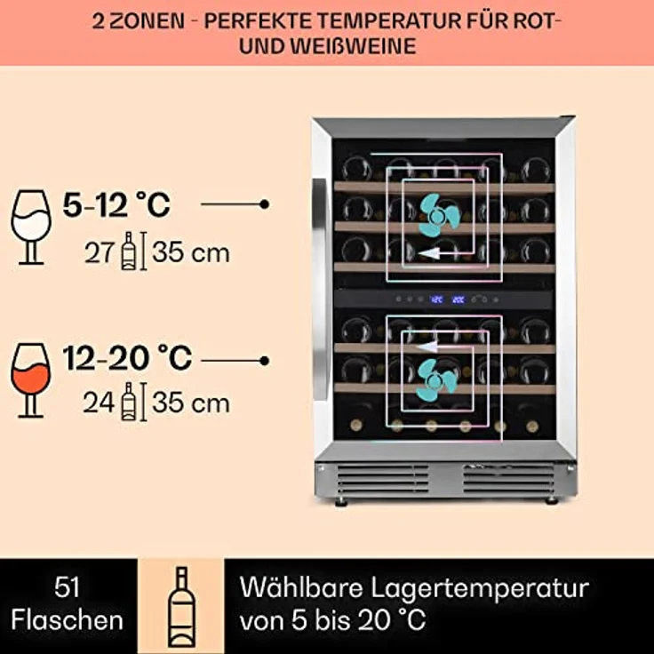 Klarstein Vinovilla 50 Duo, Zweizonen-Weinkühlschrank mit 53l für 17 Flaschen, 3-Farben Glastür und Buchenholzregalen – Bild 3