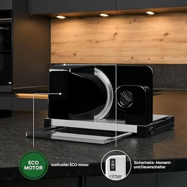 Ritter icaro 5 Klappbarer elektrischer Allesschneider & Brotschneidemaschine aus Metall mit ECO-Motor, Made in Germany, Schwarz – Bild 4