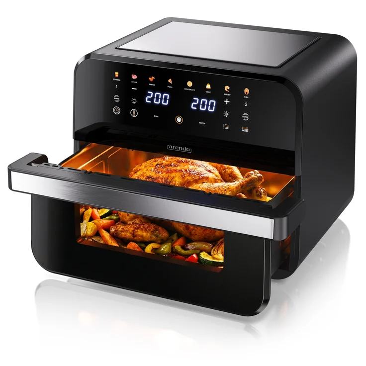 Arendo Heißluftfritteuse Doppelkammer XXL, 12L Airfryer mit 2 Kammern, 2600 W, Digitales Touchfeld, 8 Programme, fettarm gesundes Kochen, Schwarz