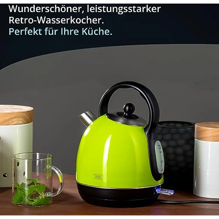 KHG Kessel-Wasserkocher WK-1711 Retro, Edelstahl, grün, 1,7 Liter, 2200 Watt, abwaschbarer Kalkfilter, Trockengehschutz, Abschaltautomatik, verdecktes Heizelement, BPA-frei – Bild 2
